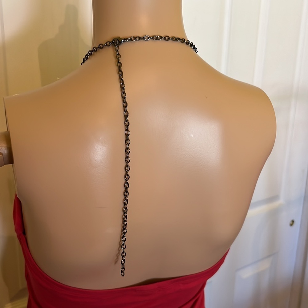 Red halter mini dress/ tunic with black beaded necklace neckline M - Picture 4 of 4